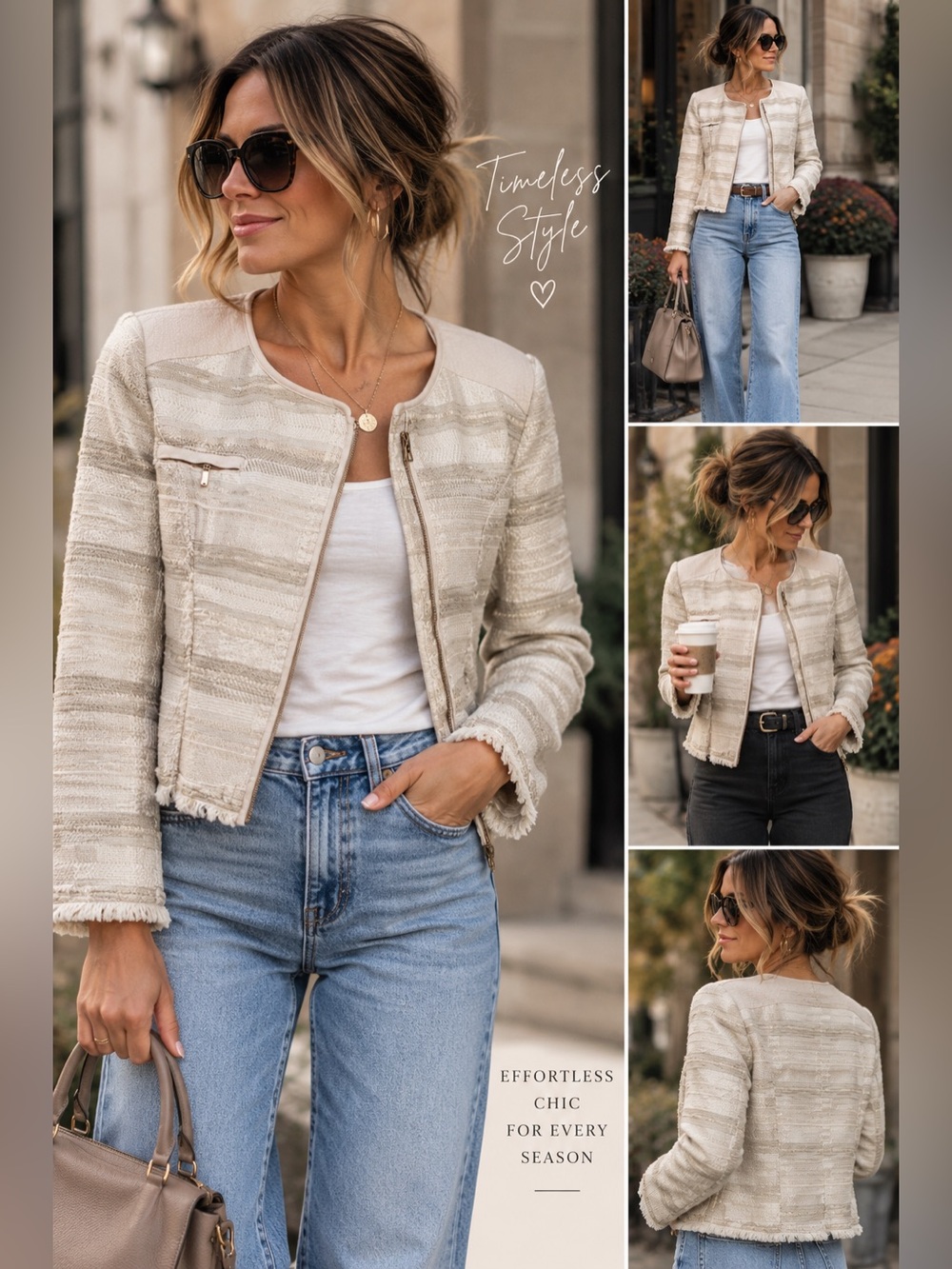 White House Black Market Cream Metallic Tweed Moto Jacket Size 6